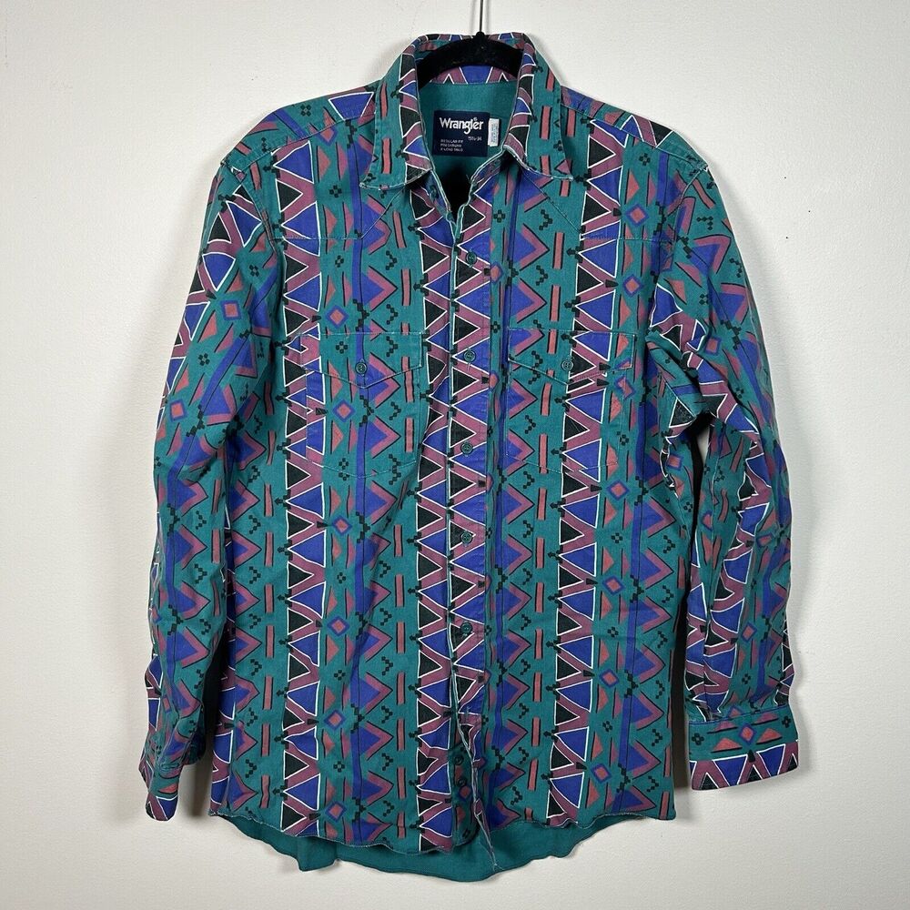 VTG Wrangler Southwest Western Button Up LS Shirt Turquoise Men's Size 15.5/34